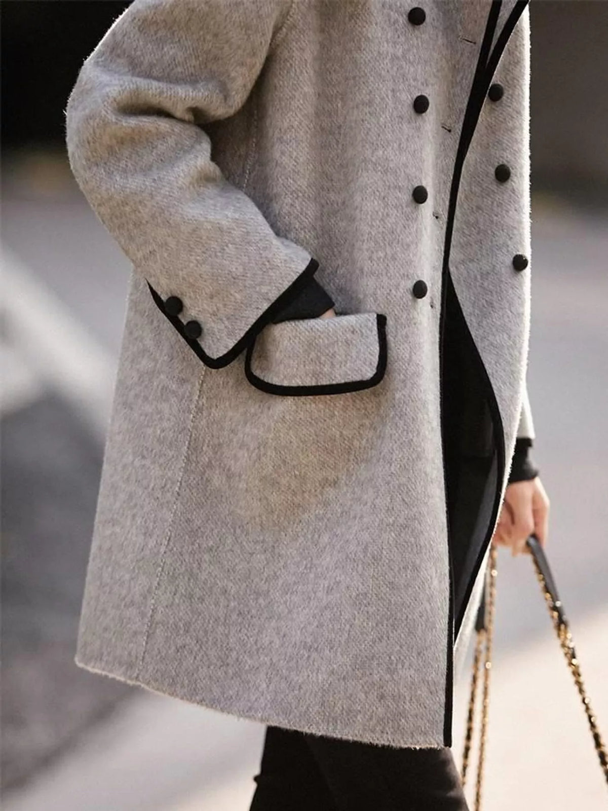 Double-Breasted Coat with Contrast Trim in Gray