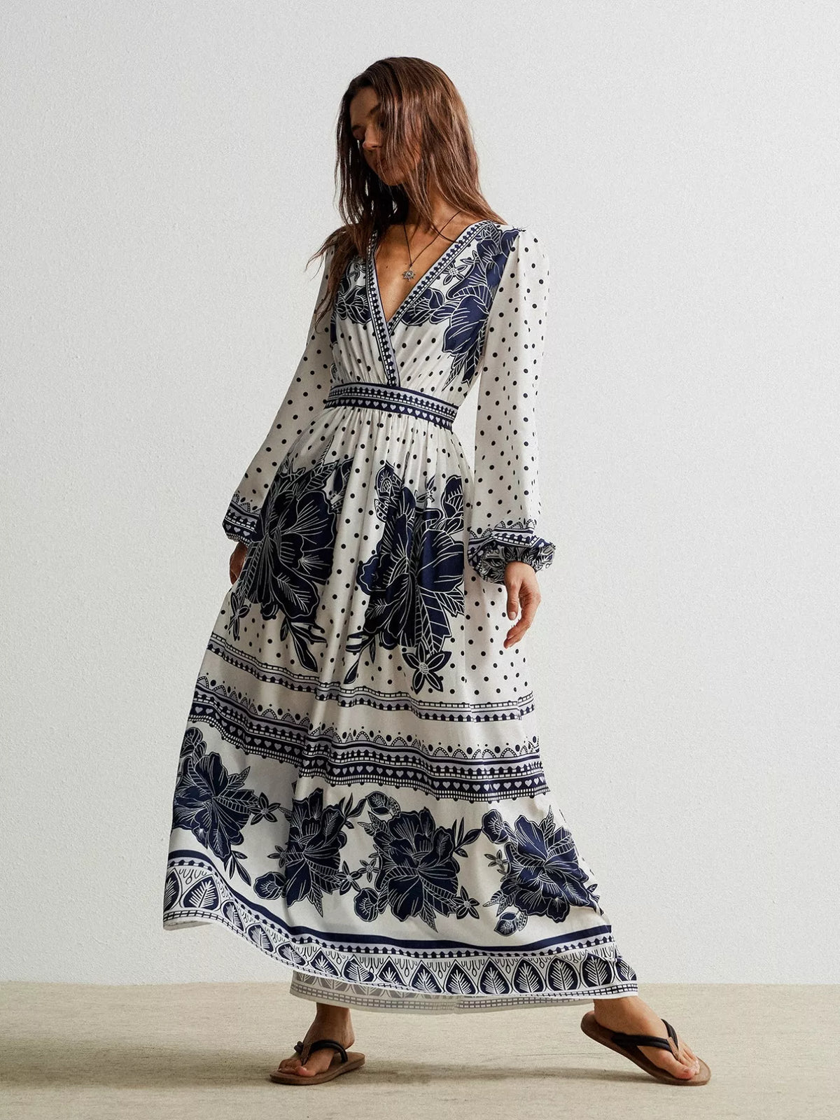 Ruched Floral Long Sleeve Maxi Dress in Indigo