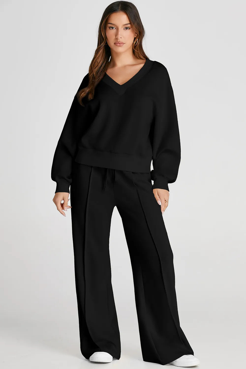V-Neck Long-Sleeve Top and Pants Active Set in Black