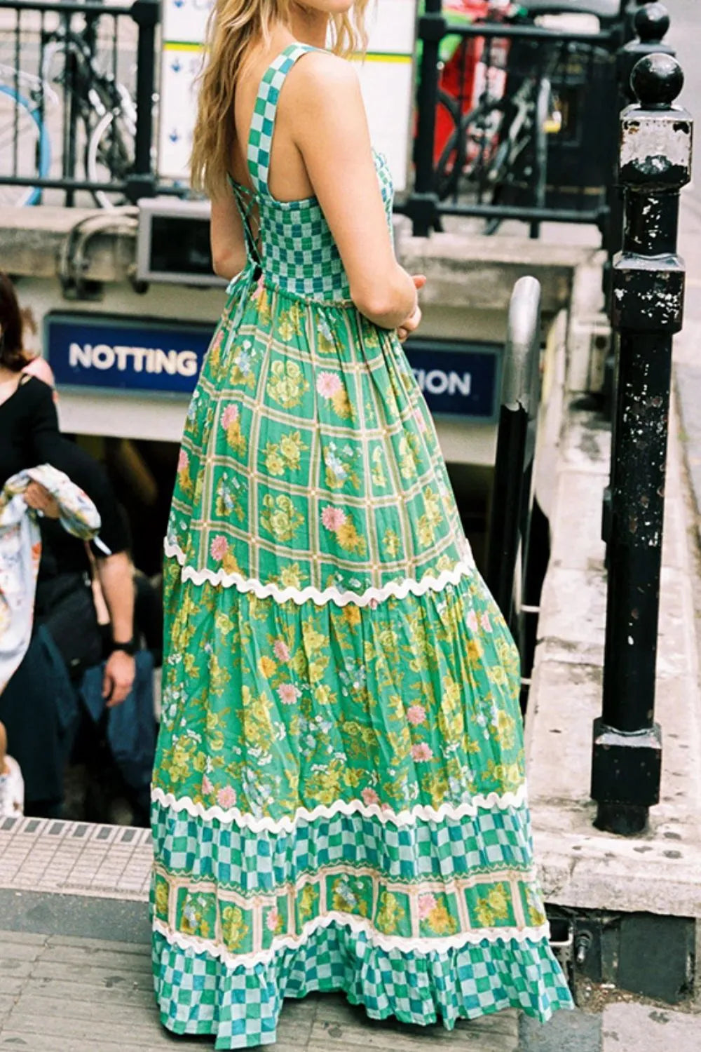 Backless Square Neck Tiered Dress in Green by Shenori