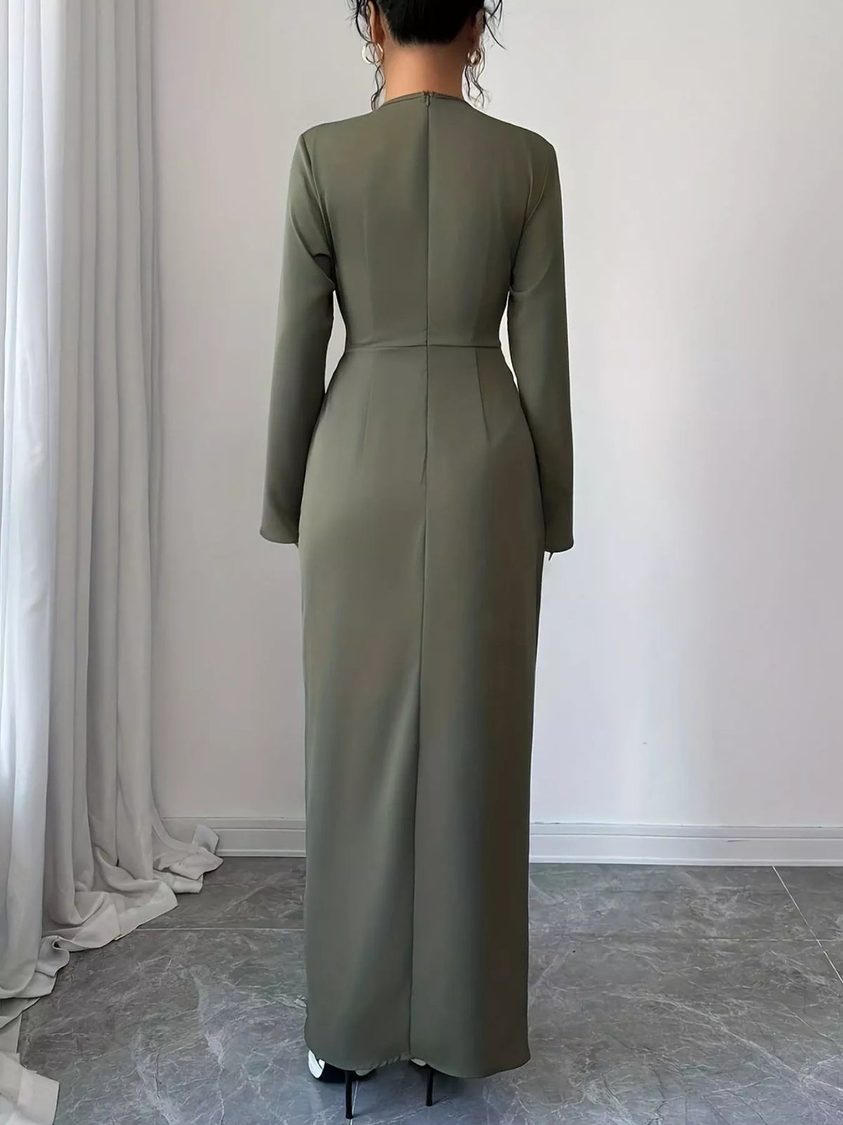 Ruched Slit Surplice Maxi Dress in Olive