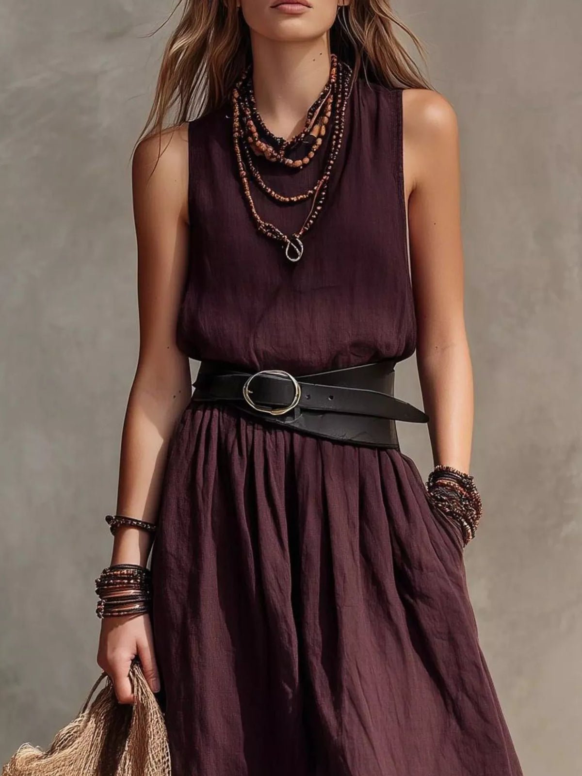 Round Neck Belted Maxi Dress