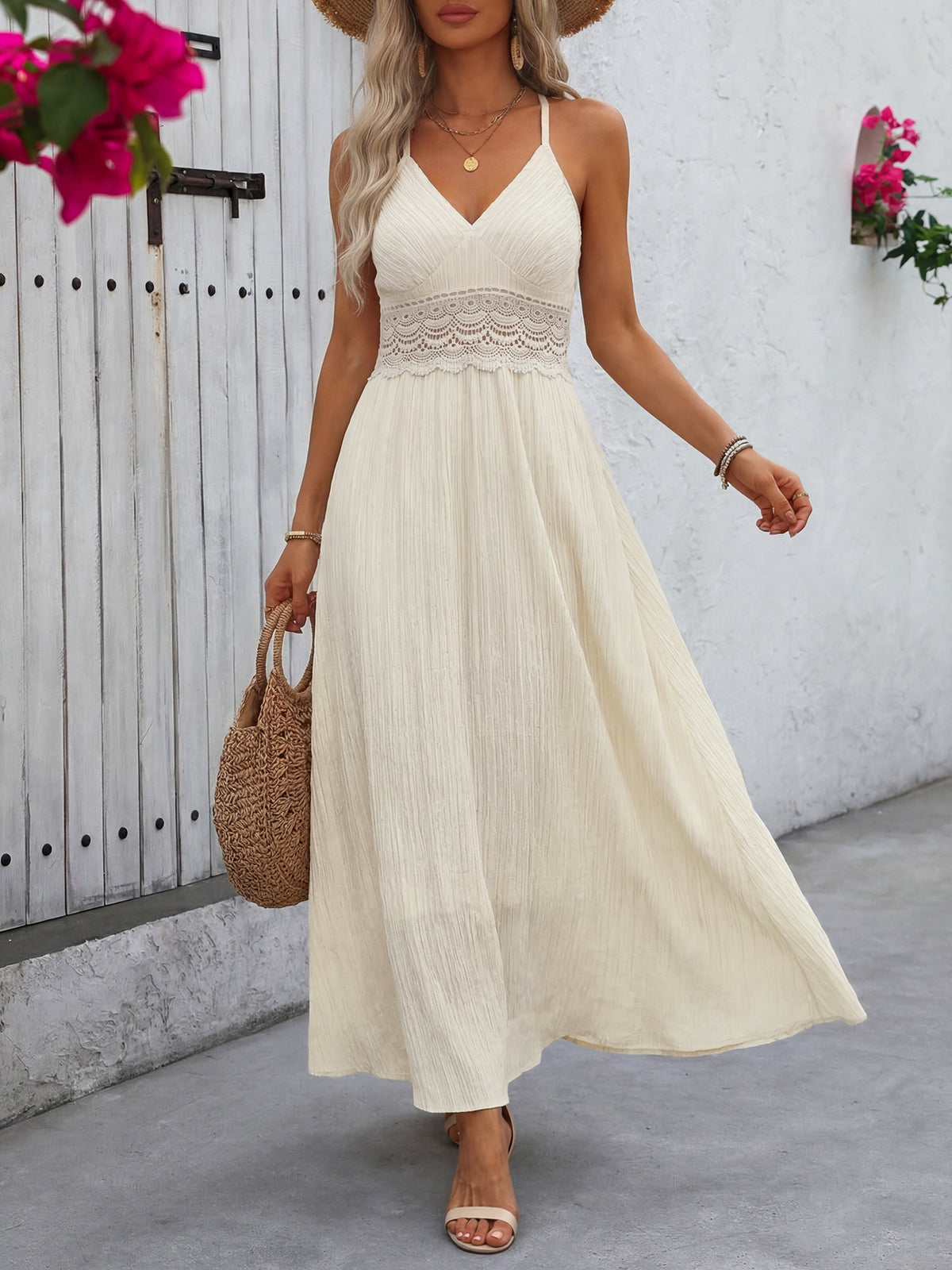 Lace Trim V-Neck Maxi Dress in Apricot