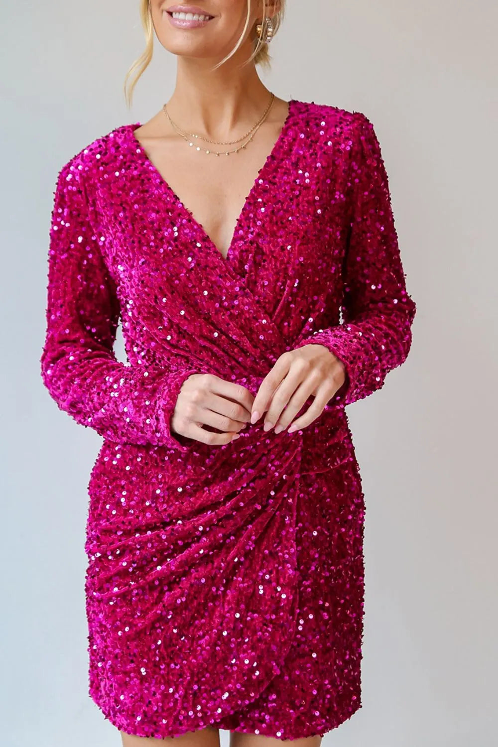 Sequin Surplice Mini Dress in Deep Rose