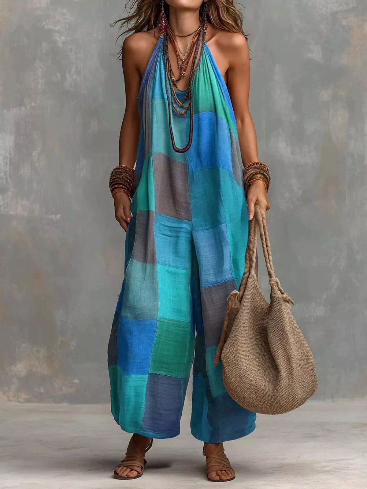 Plaid Halter Wide-Leg Jumpsuit