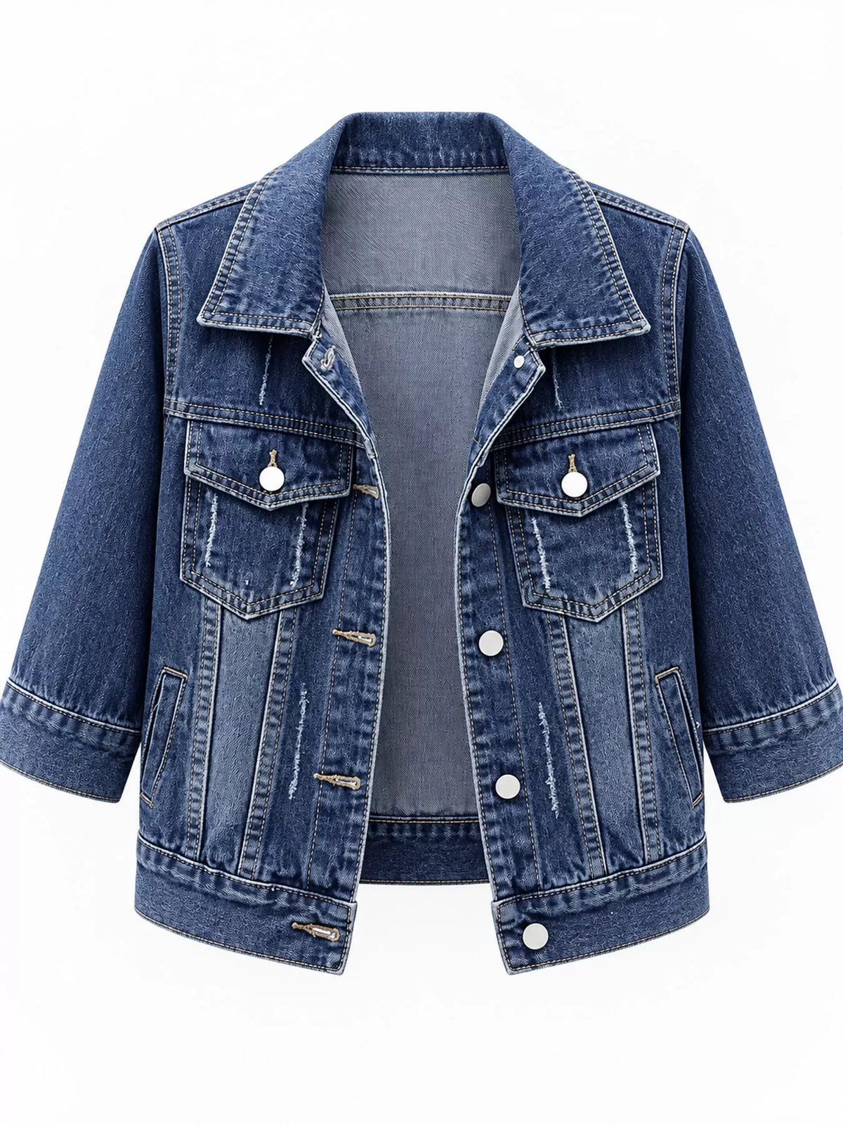 Distressed Mid-Sleeve Denim Jacket