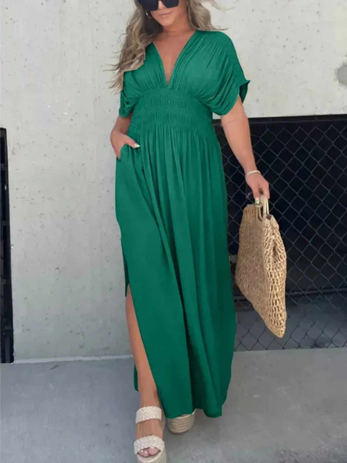 Smocked Waist V-Neck Slit Maxi Dress