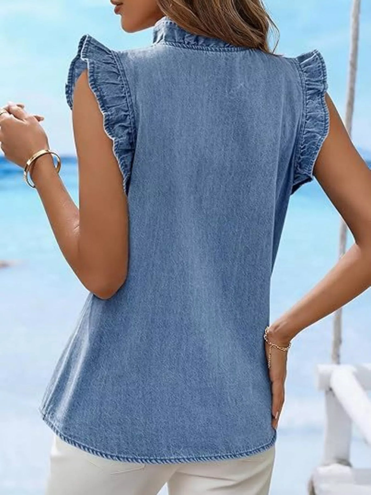 Ruffle Trim V-Neck Denim Top