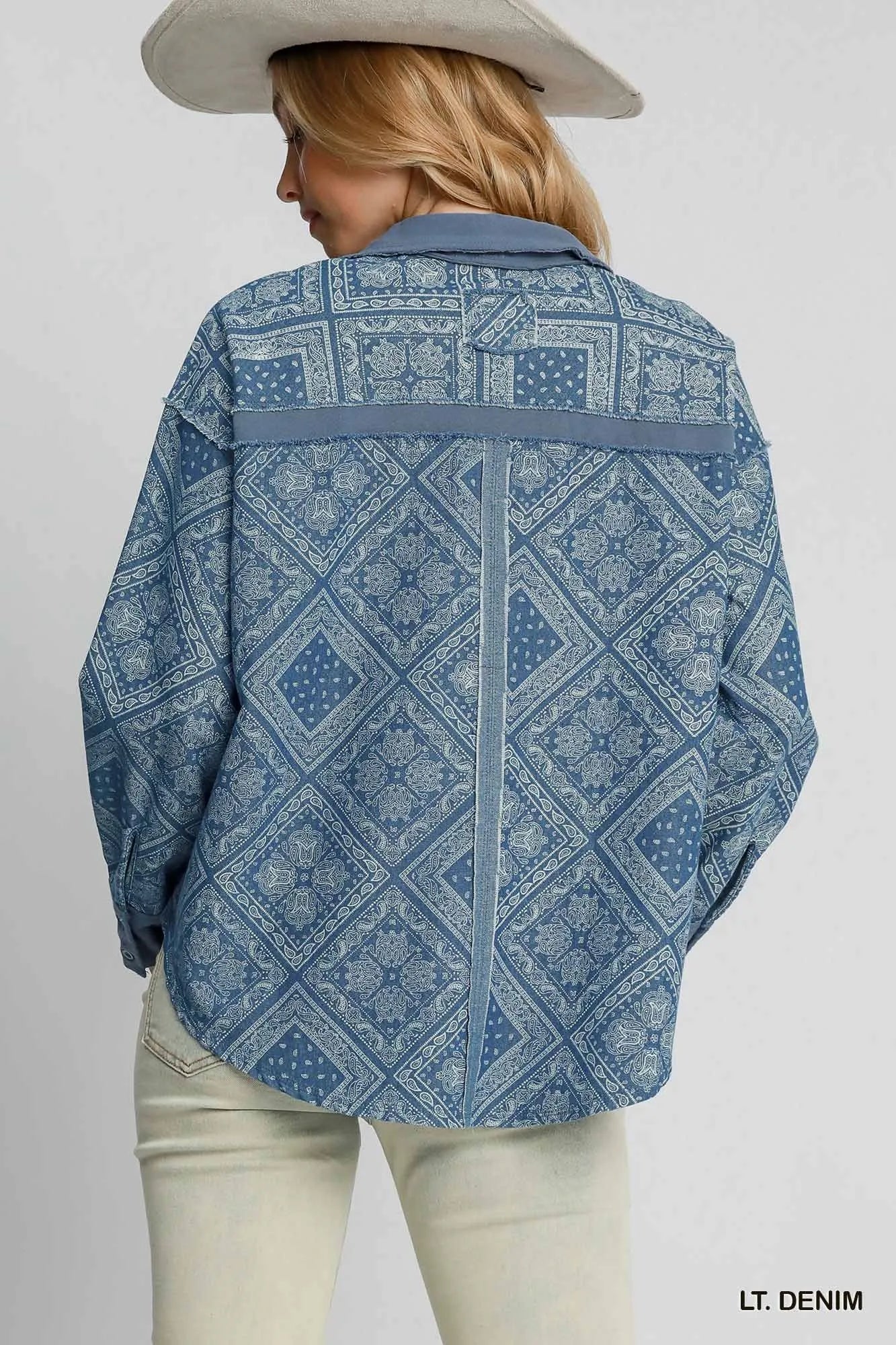 Umgee Patchwork Denim Jacket in Light Denim in Lt. denim
