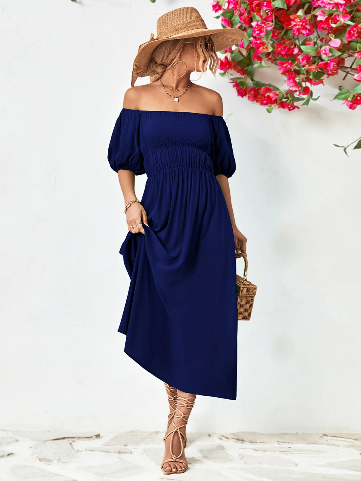Off-Shoulder Puff-Sleeve Smocked Maxi Dress