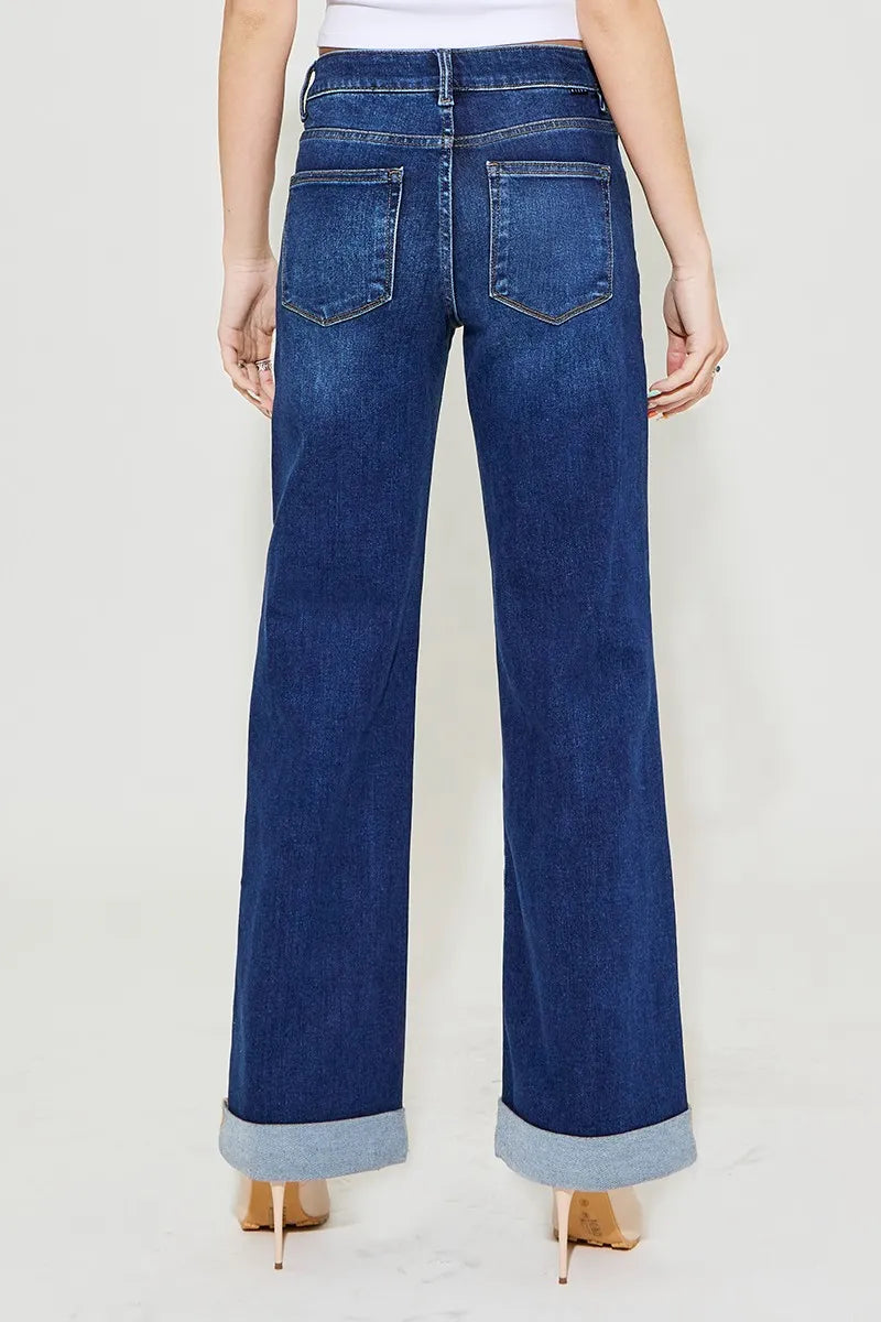 Risen High Rise Wide Leg Cuffed Jeans in Dark Wash