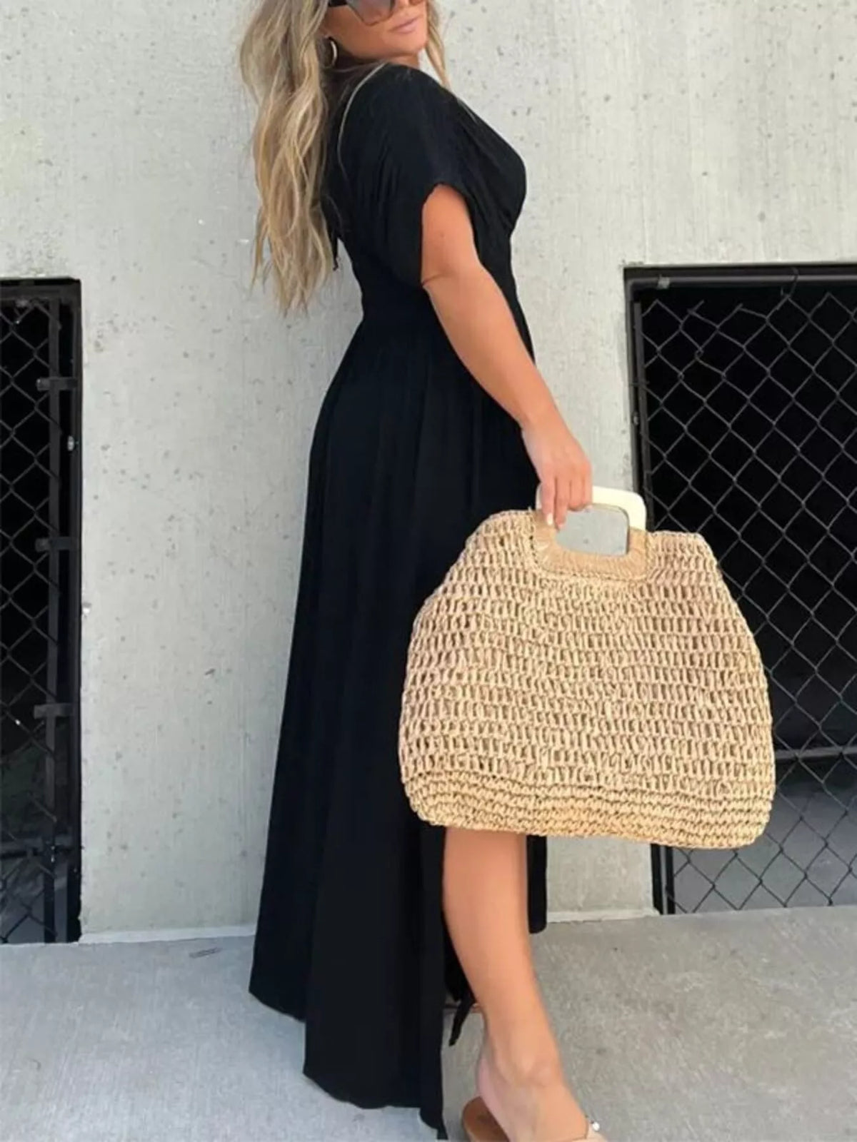 Smocked Waist V-Neck Slit Maxi Dress
