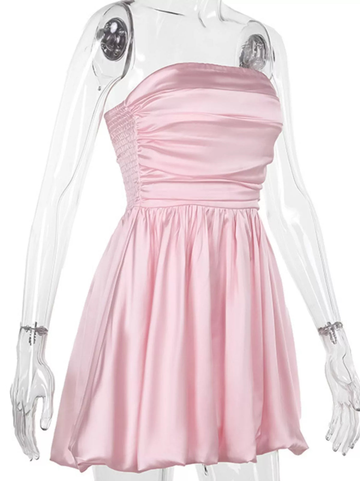 Strapless Ruched Bubble Mini Dress in Blush Pink