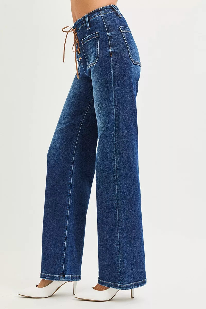 Risen High Rise Wide Leg Jeans with Front Tie in Dark Wash