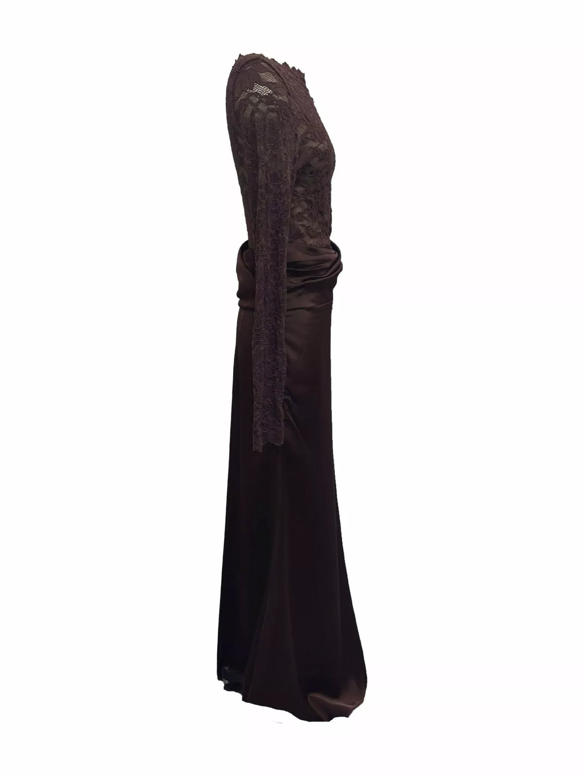 Long-Sleeve Lace and Satin Patchwork Maxi Dress