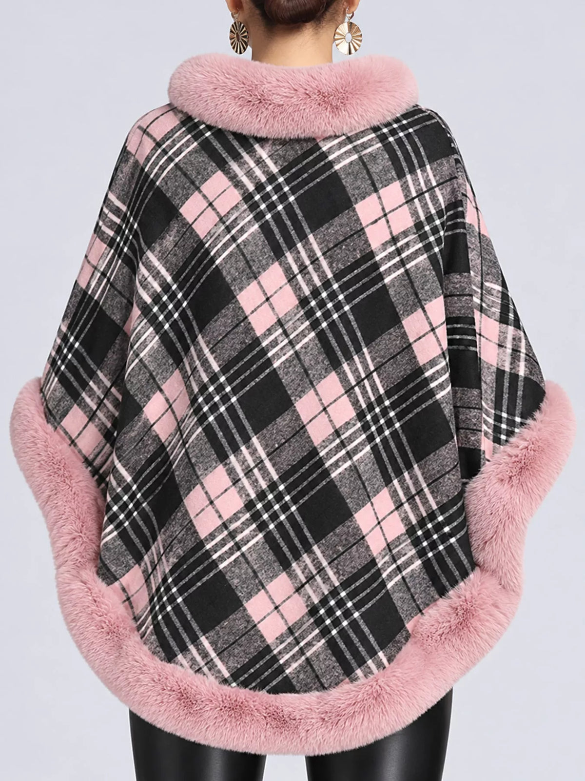 Plaid Faux Fur Trim Poncho Cape