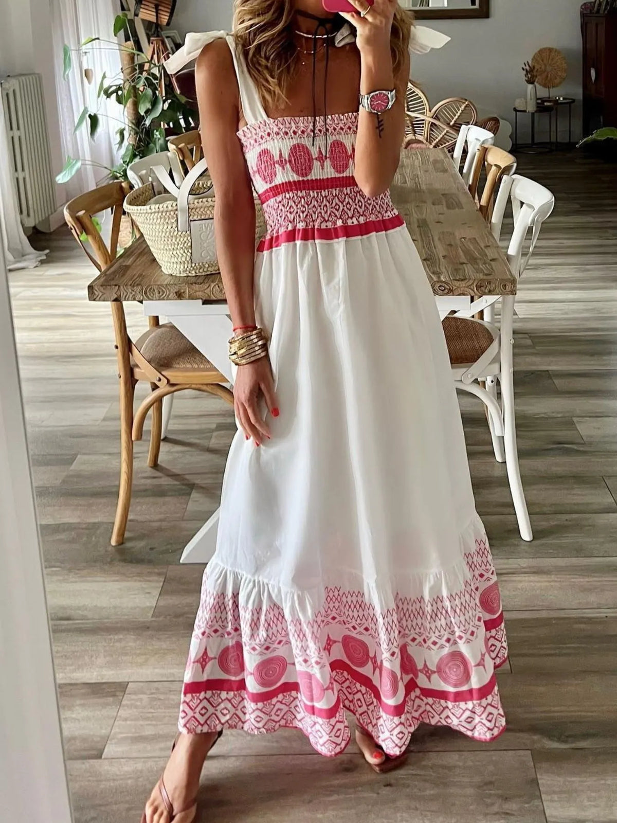 Smocked Tie Shoulder Maxi Dress in Red