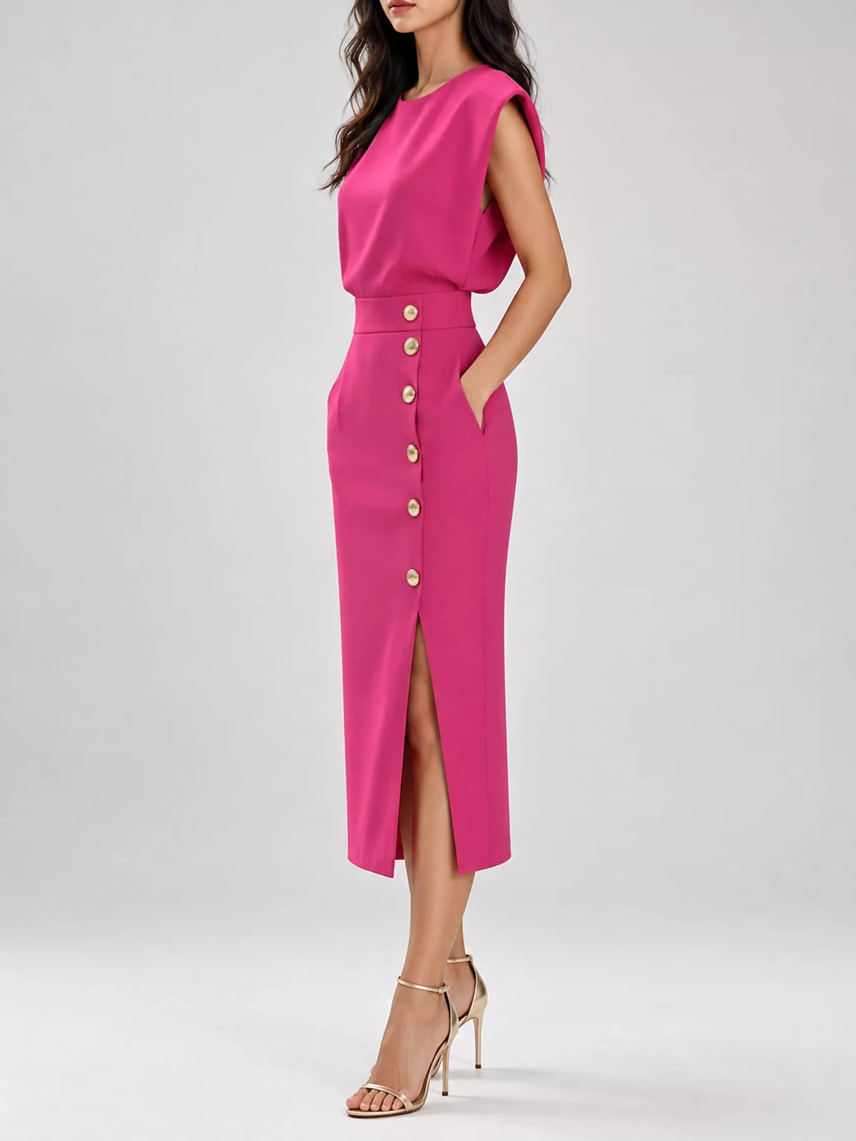 Sleeveless Midi Dress with Gold Button Detail