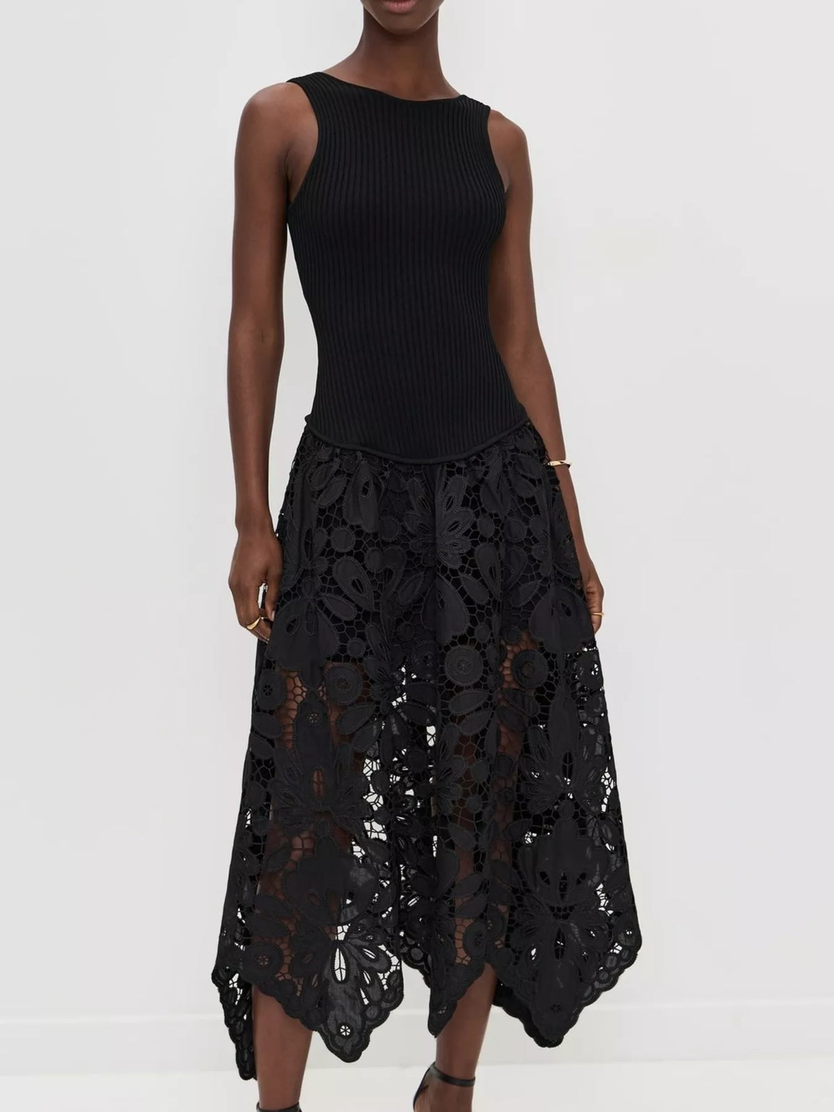 Ribbed Crochet Midi Dress in Black