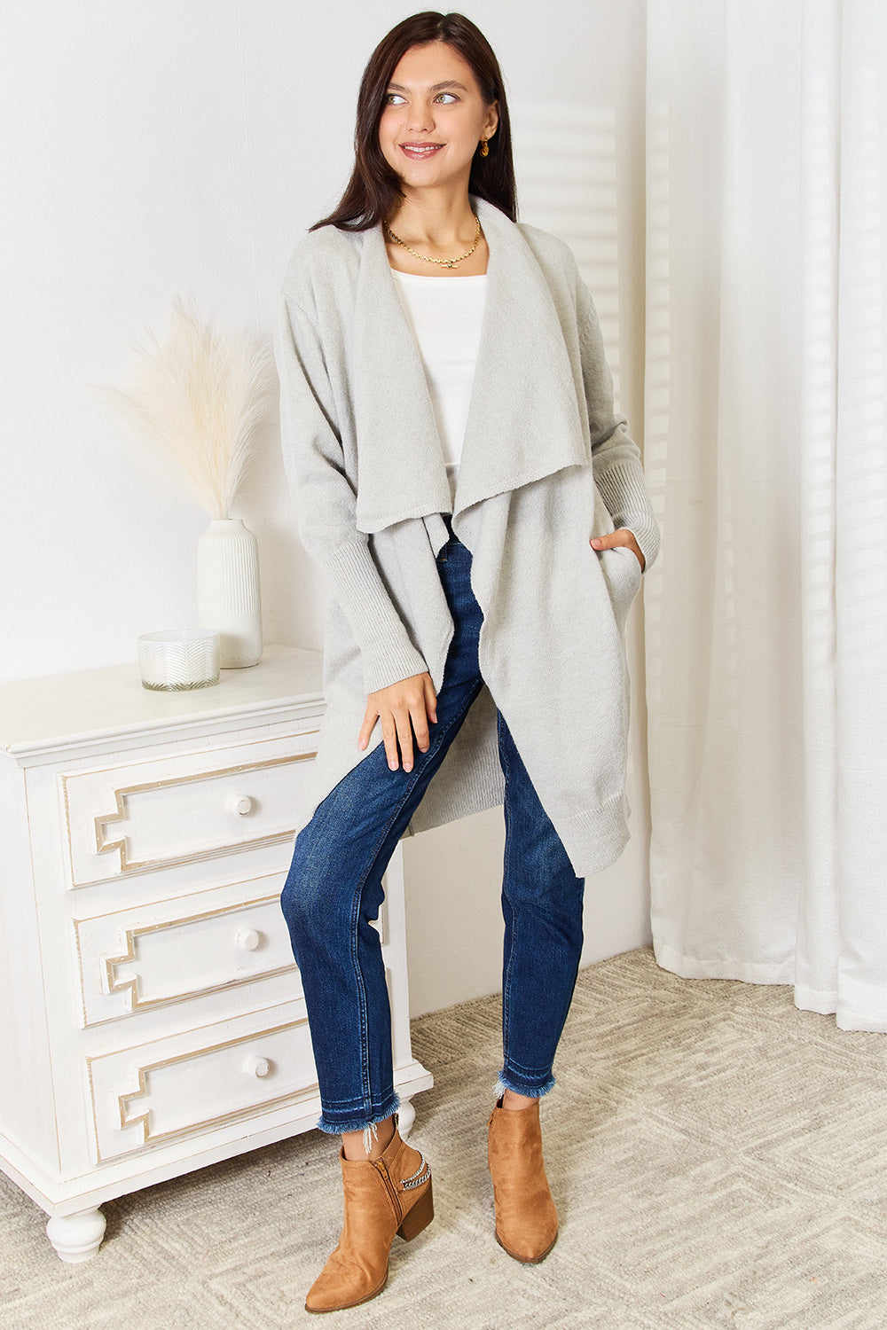 Open Front Duster Cardigan in Light Gray