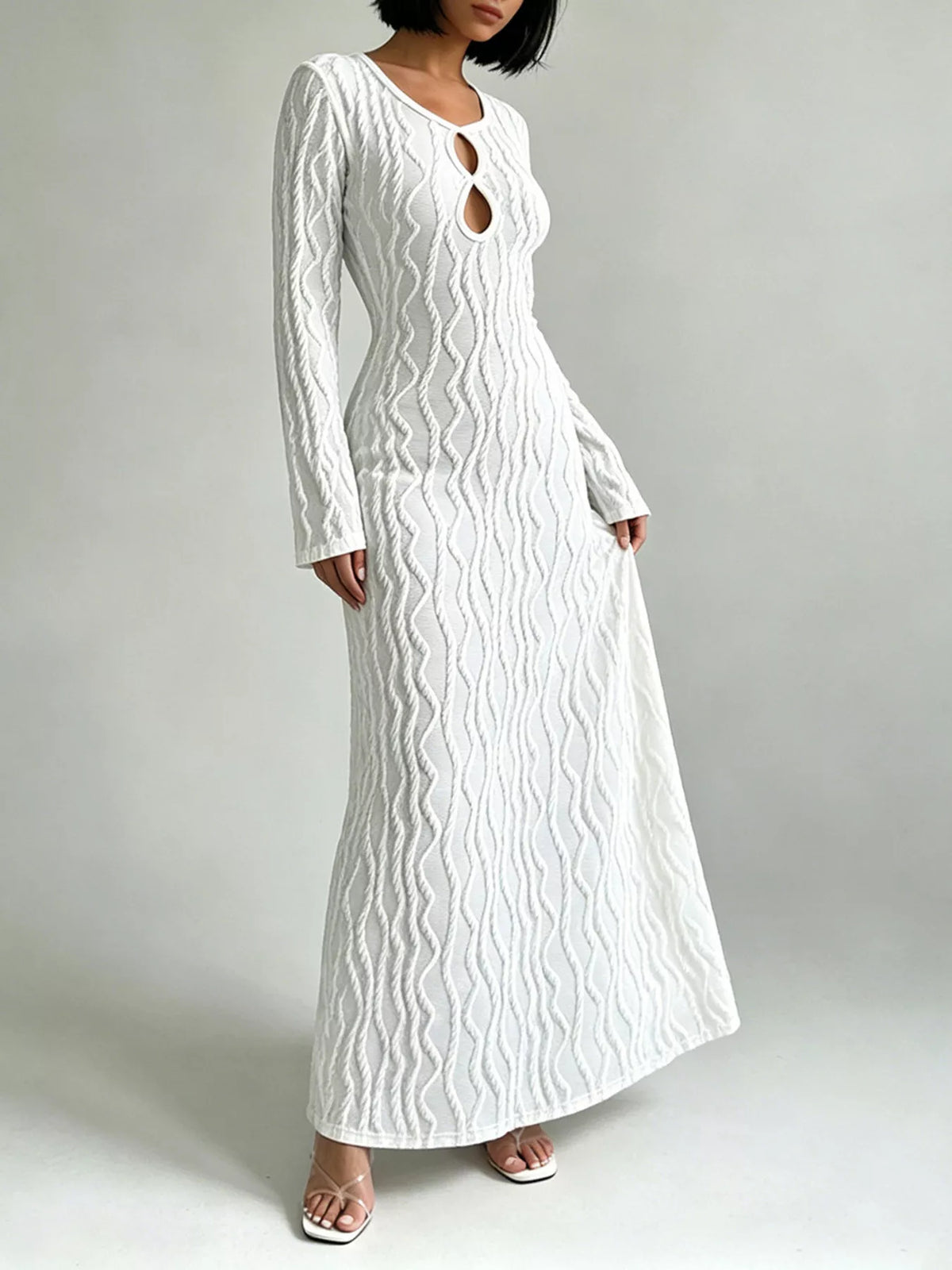 Ribbed Cutout Long Sleeve Maxi Dress in White