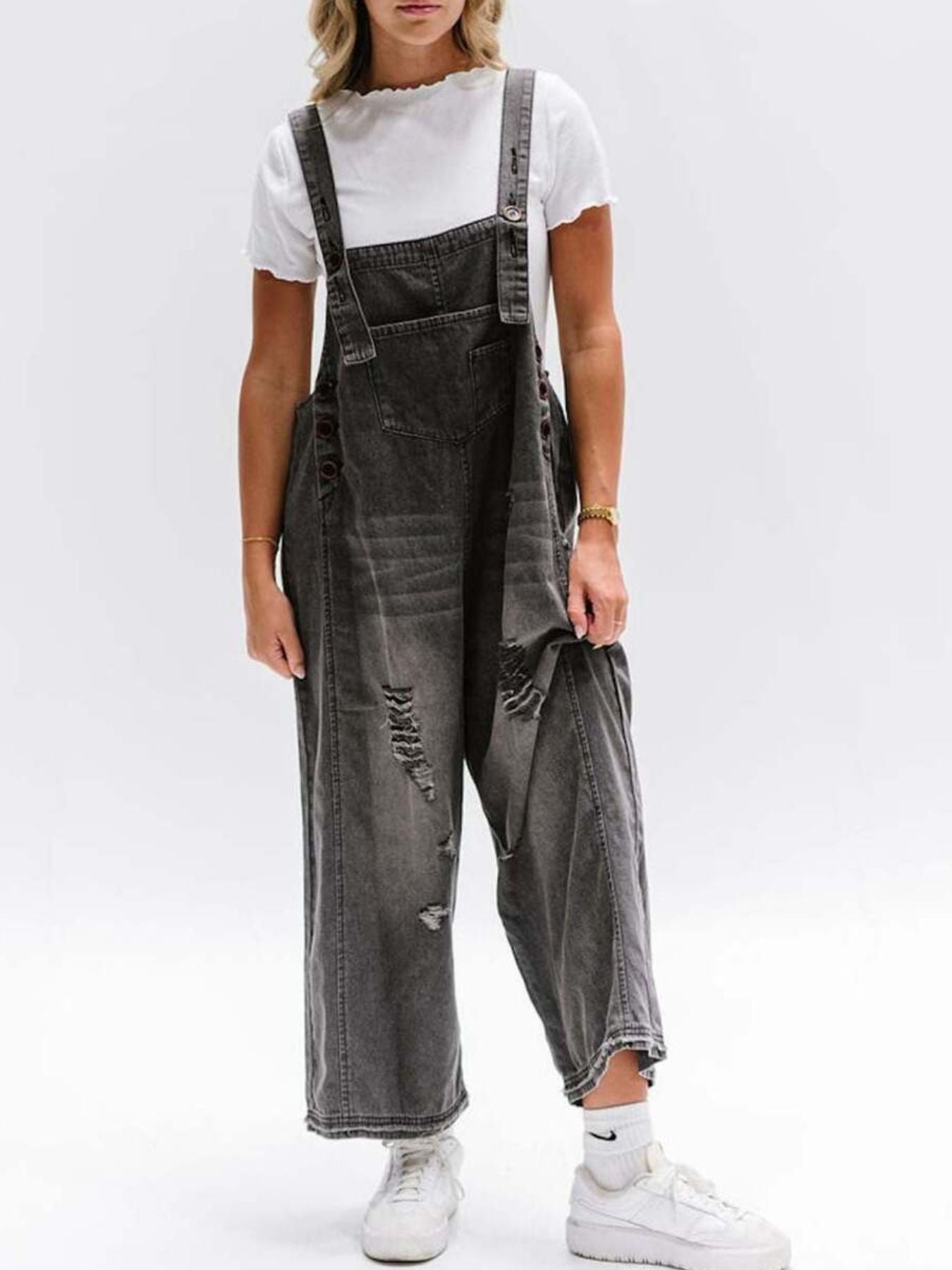 Distressed Wide Leg Denim Overalls by Dreamy Drapes