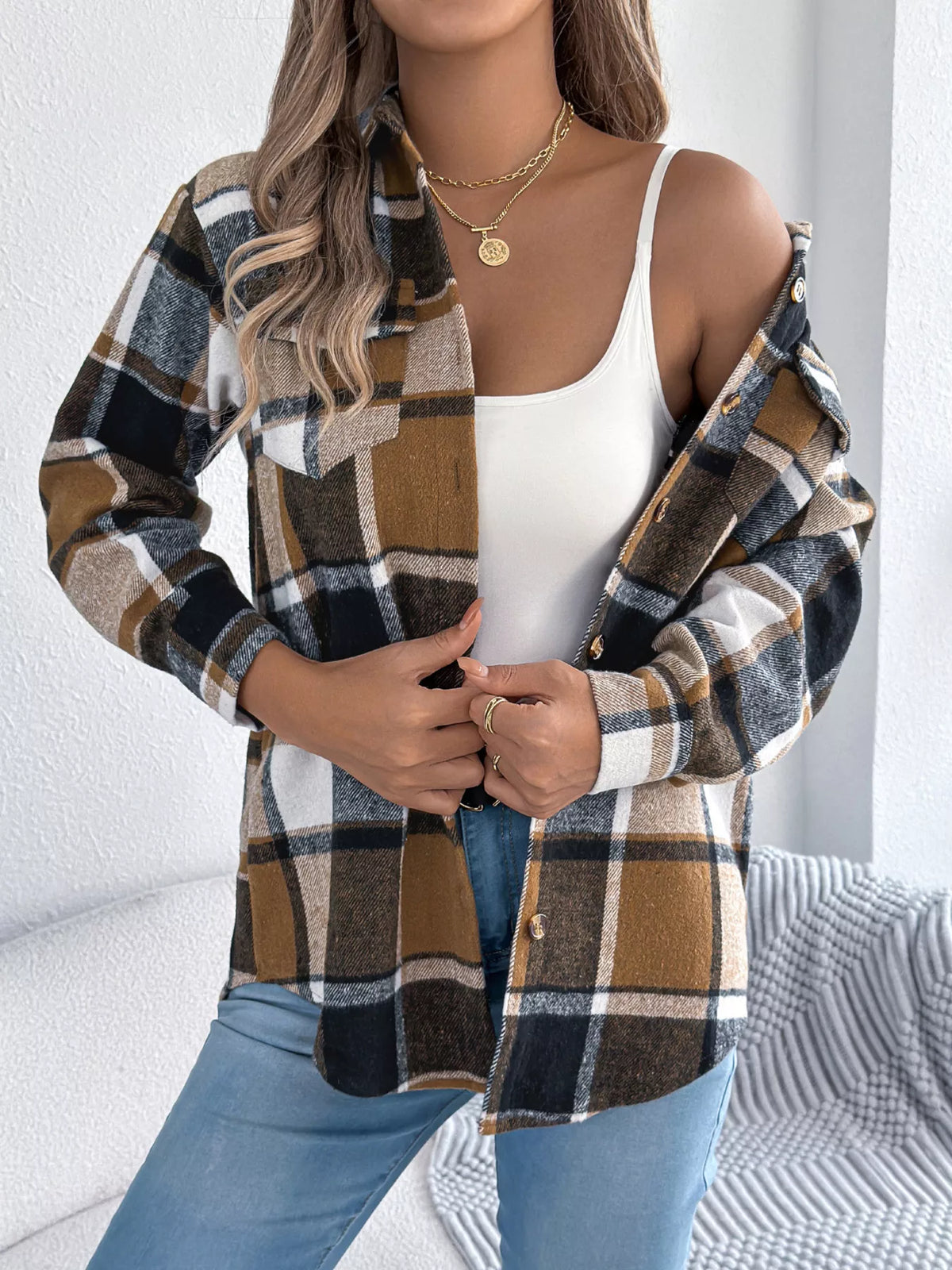 Plaid Button-Down Shacket by Clise