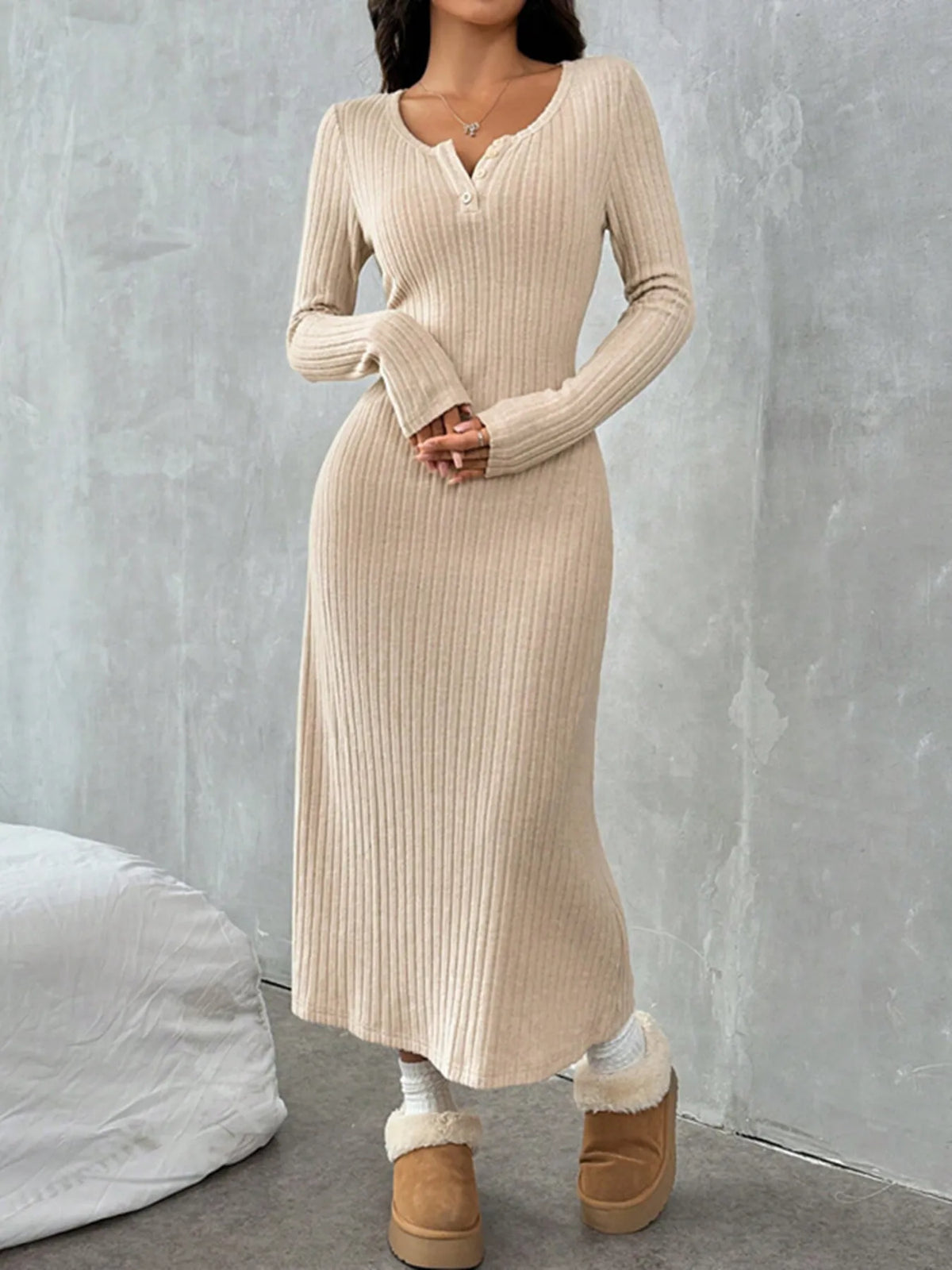 Ribbed Long Sleeve Knit Dress in Off-White by Sara Roman