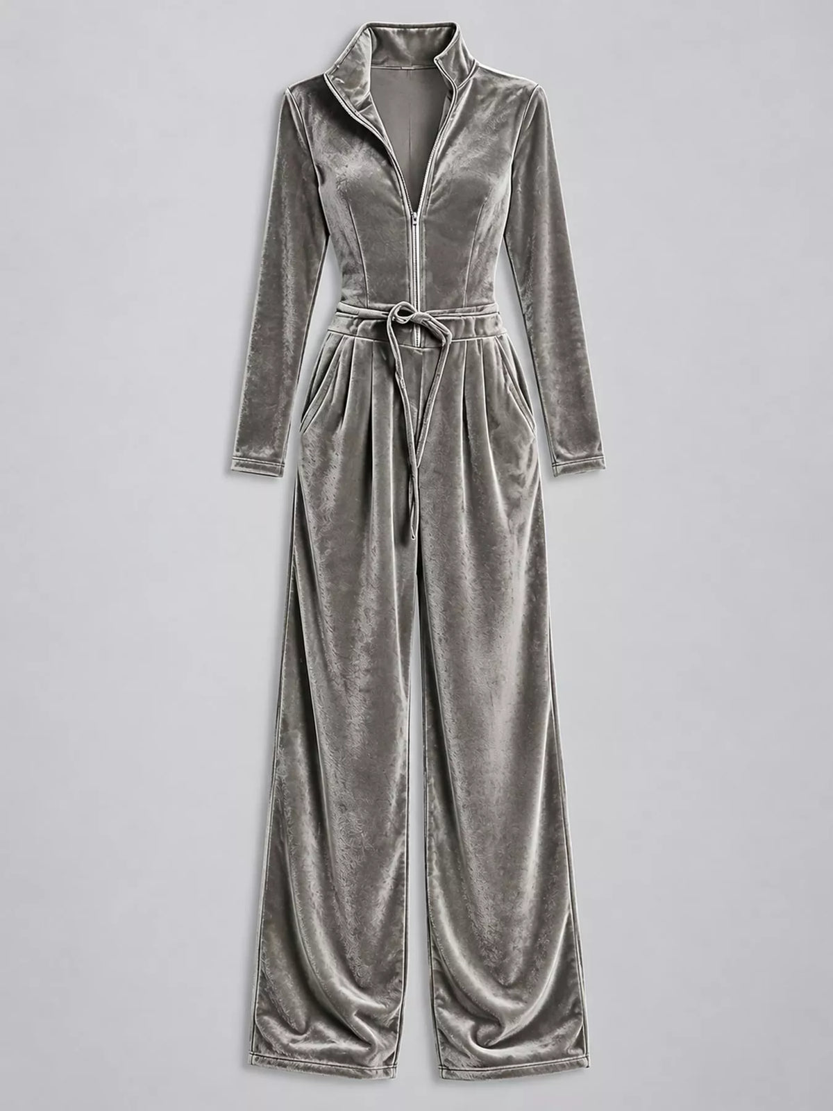 Velvet Zip-Up Jumpsuit with Tie Waist