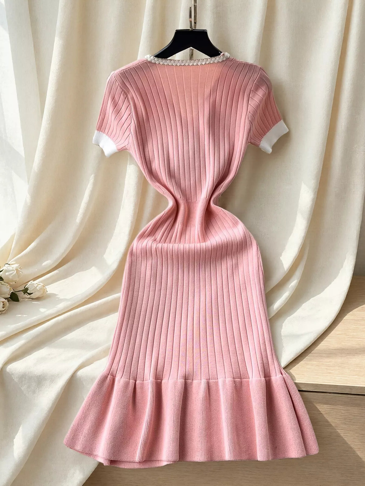 Ruffled Hem V-Neck Ribbed Knit Dress