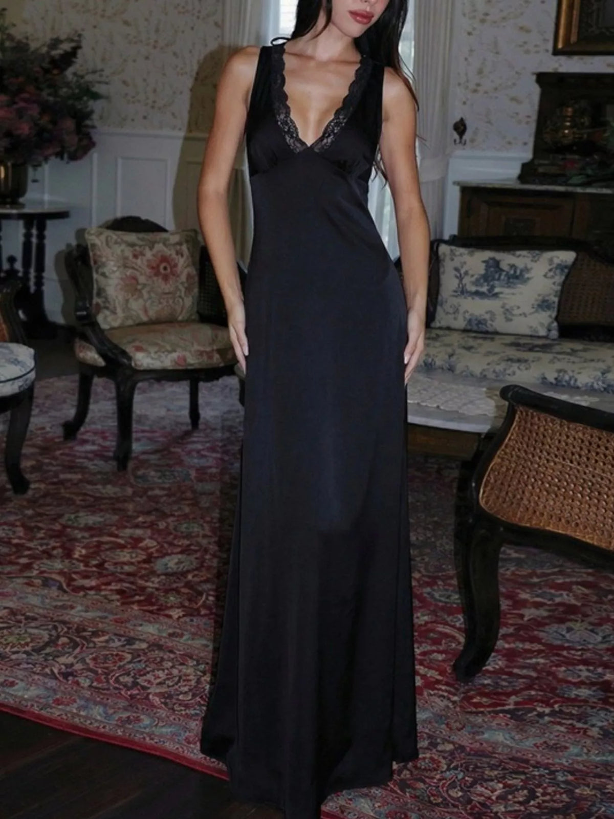 Lace Trim V-Neck Sleeveless Maxi Dress in Black