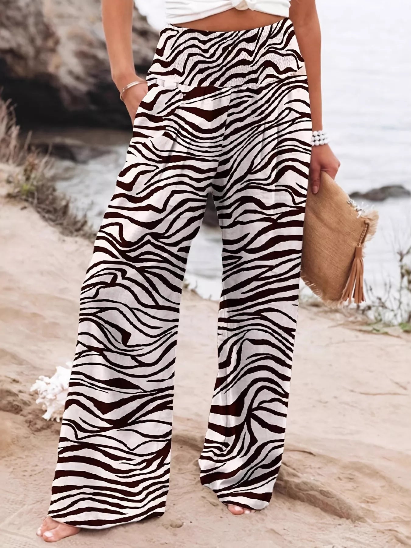 Zebra Print Wide Leg Pants in Black
