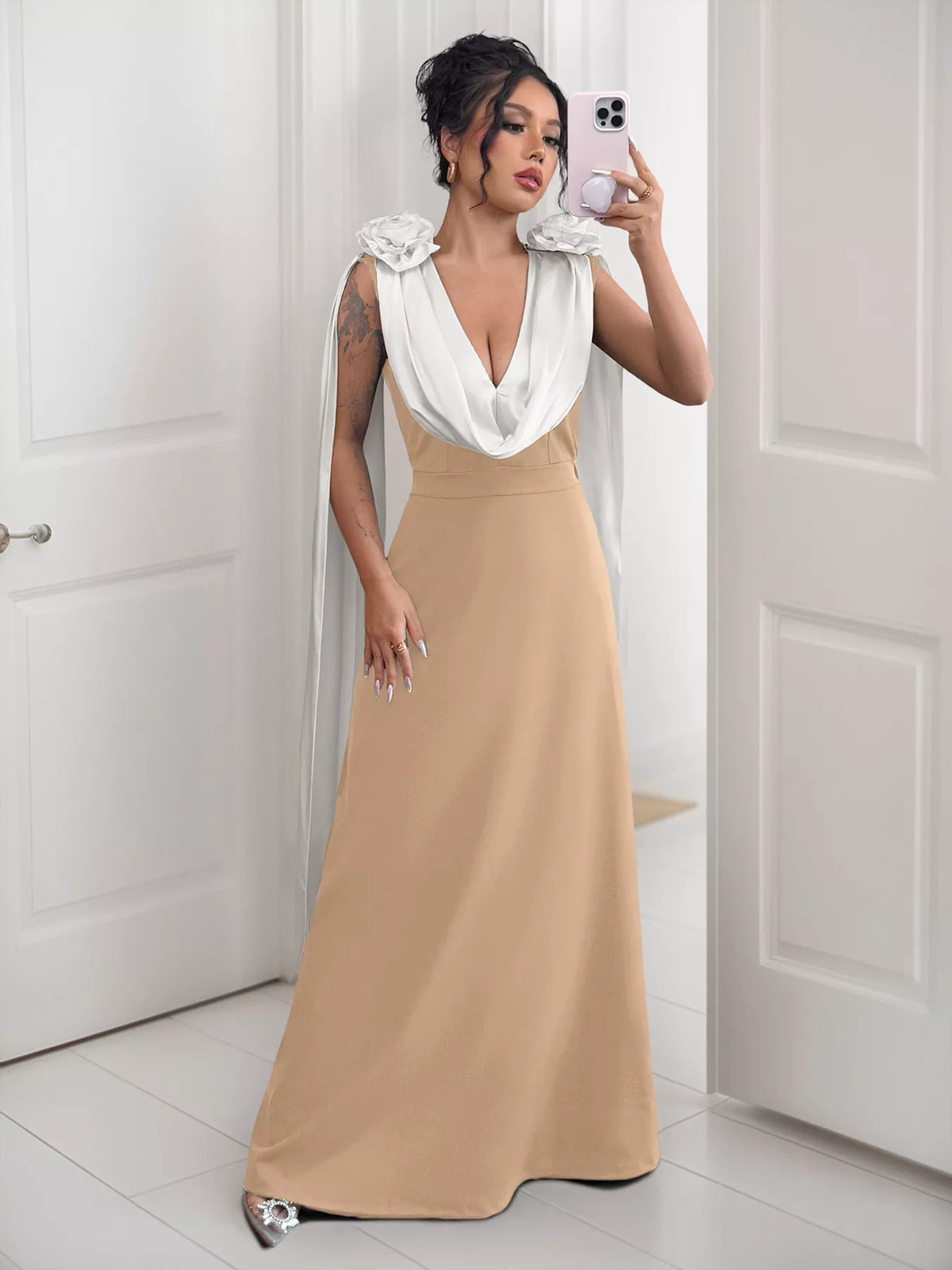 Floral Applique Two-Tone Maxi Dress