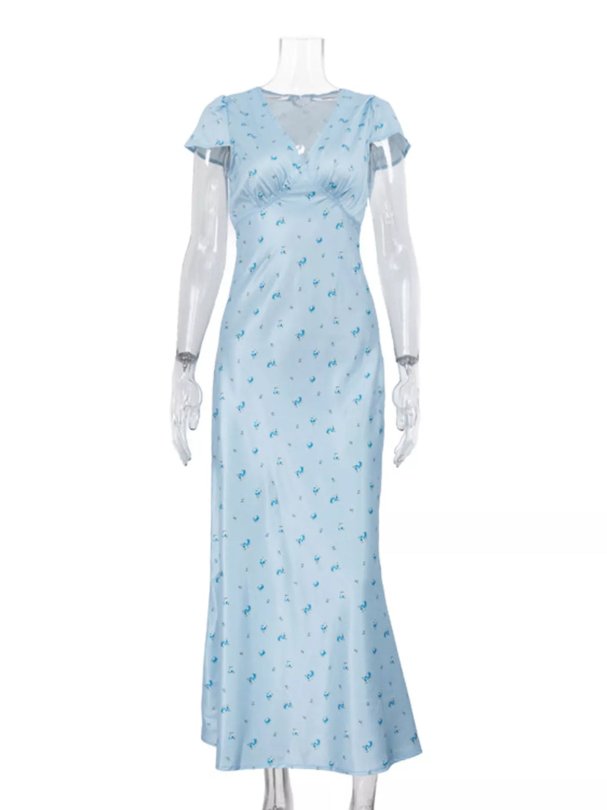 V-Neck Cap Sleeve Maxi Dress in Light Blue