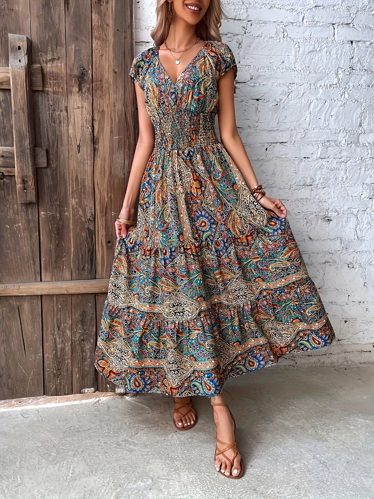 Smocked Cap Sleeve Maxi Dress in Floral