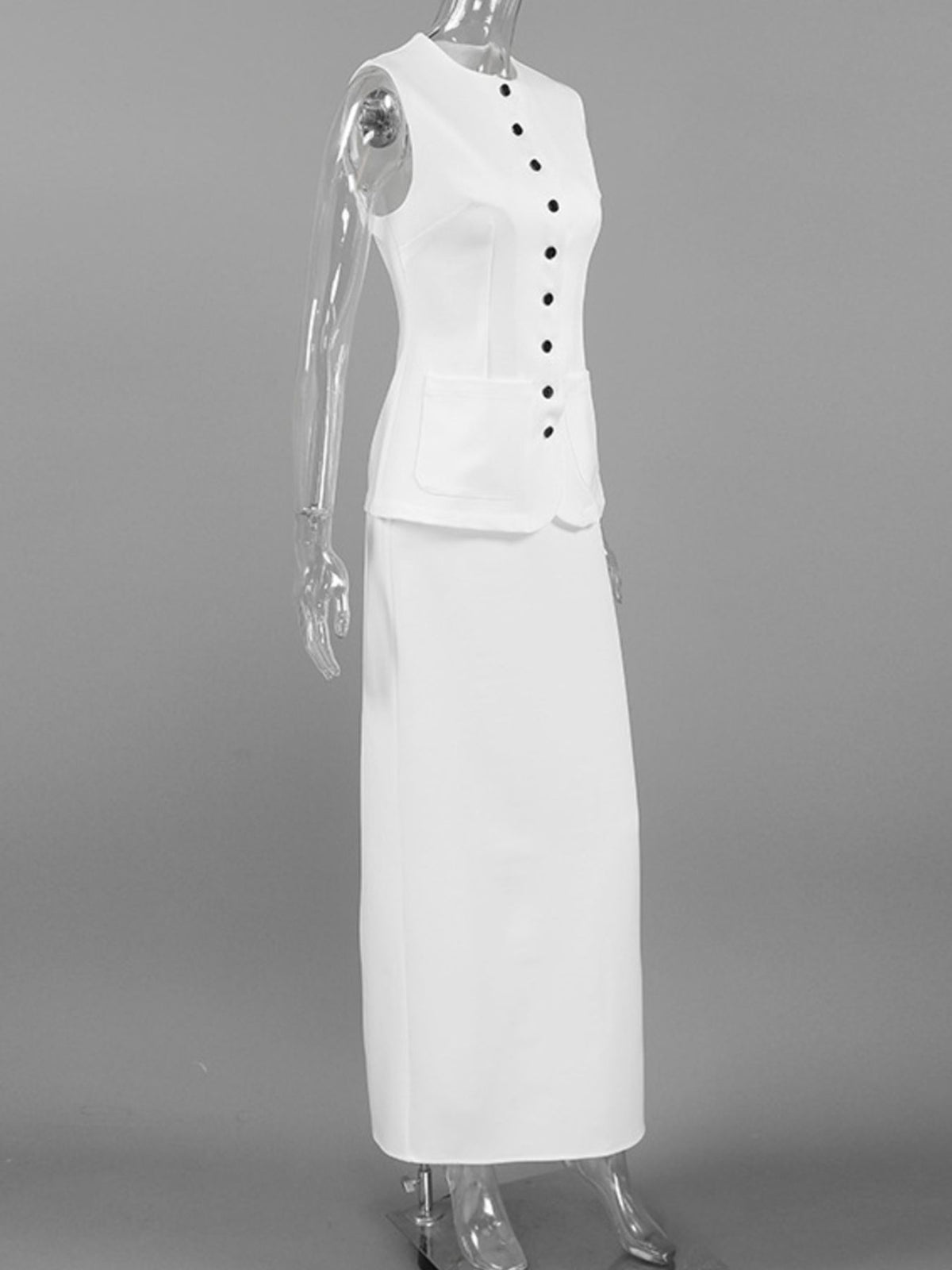 Button-Up Vest and Maxi Skirt Set in White