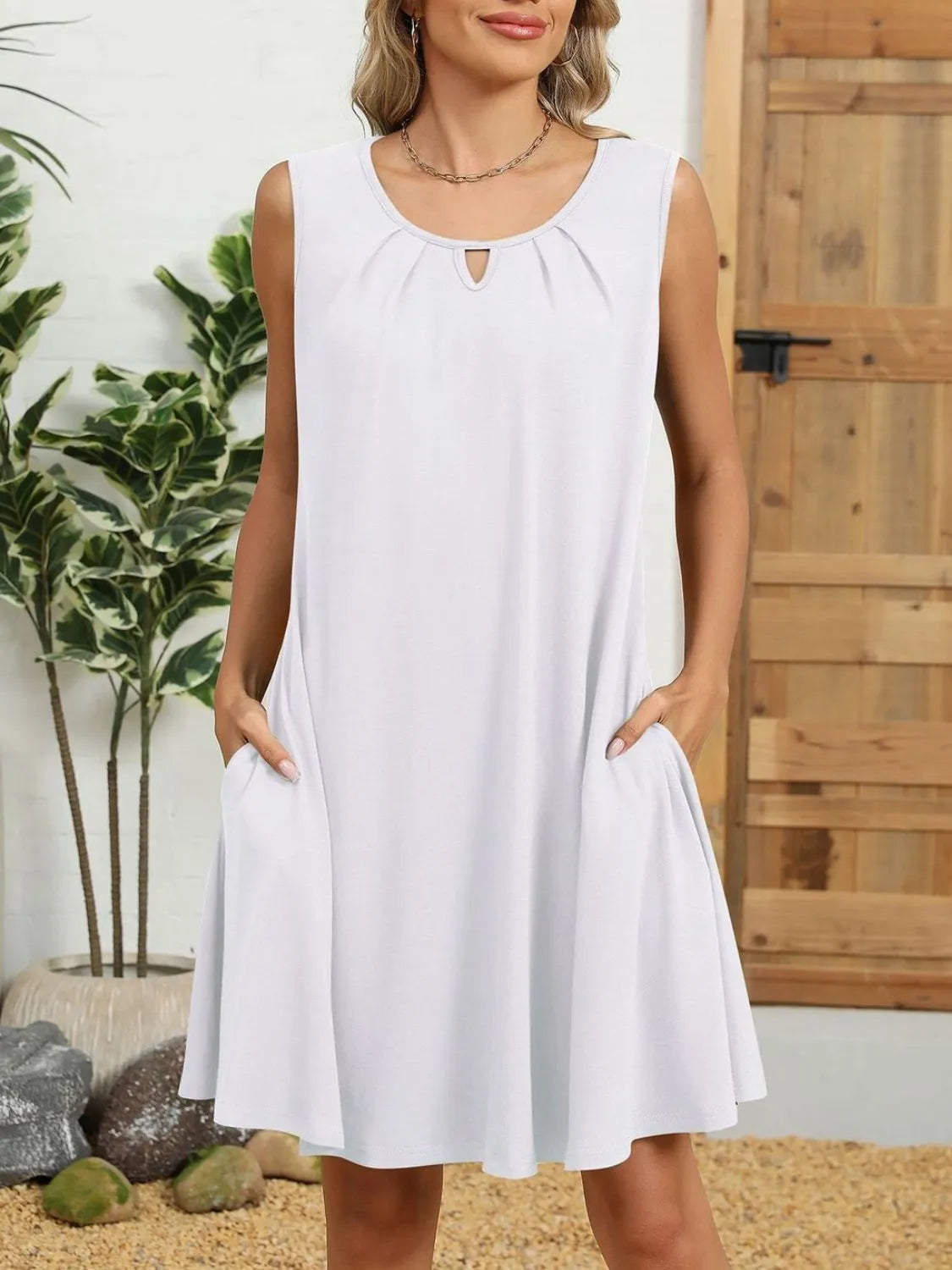 Ruched Round Neck Sleeveless Dress with Pockets
