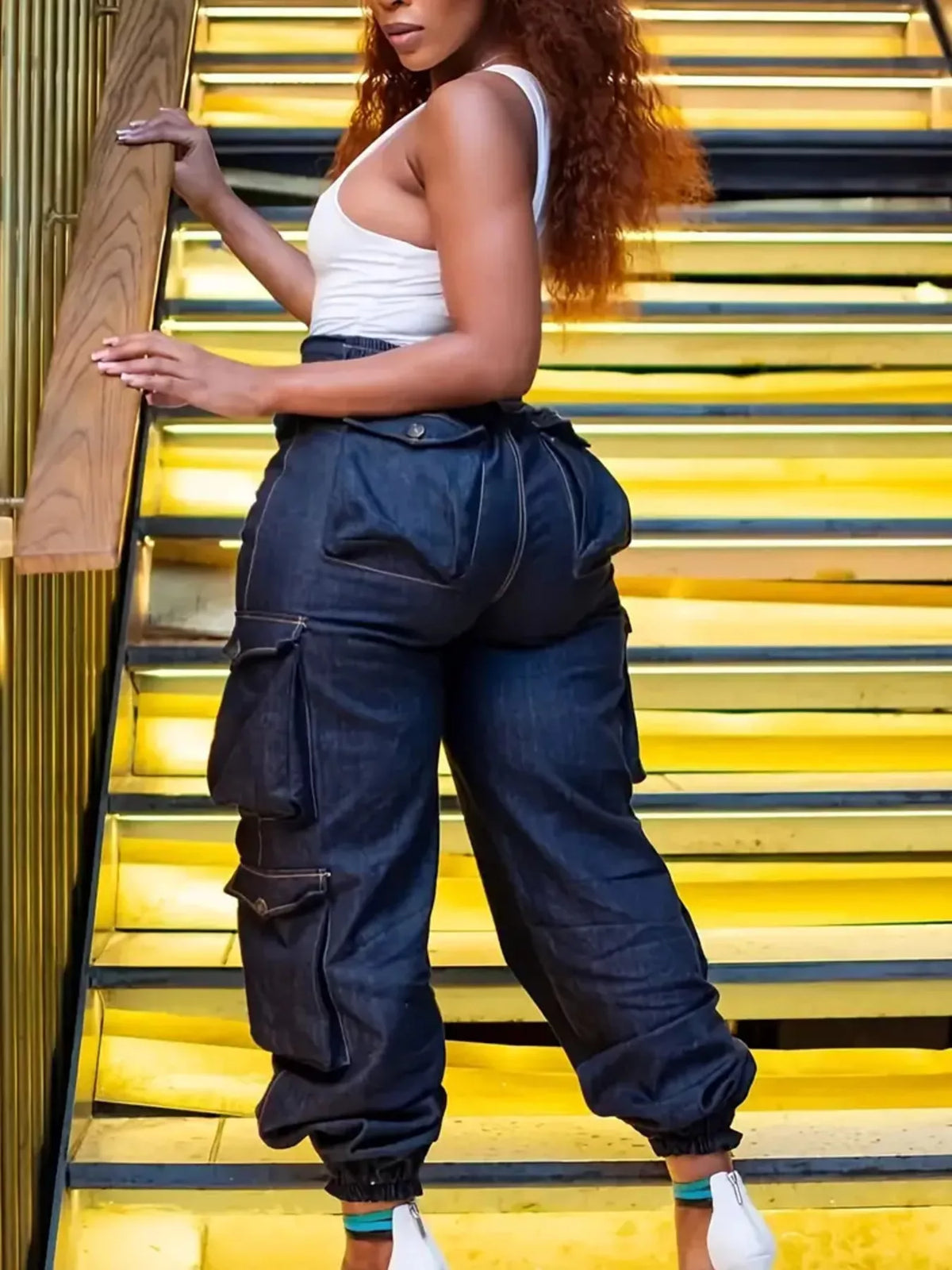 Plus Size High-Waisted Cargo Jeans in Blue