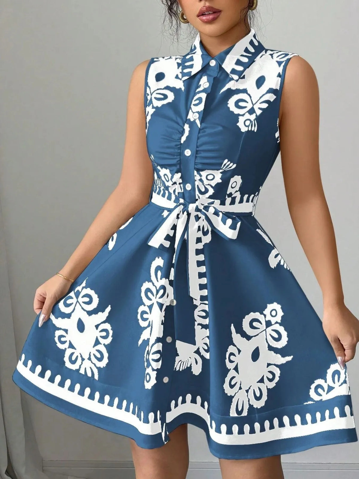 Printed Sleeveless Tie-Waist Mini Dress