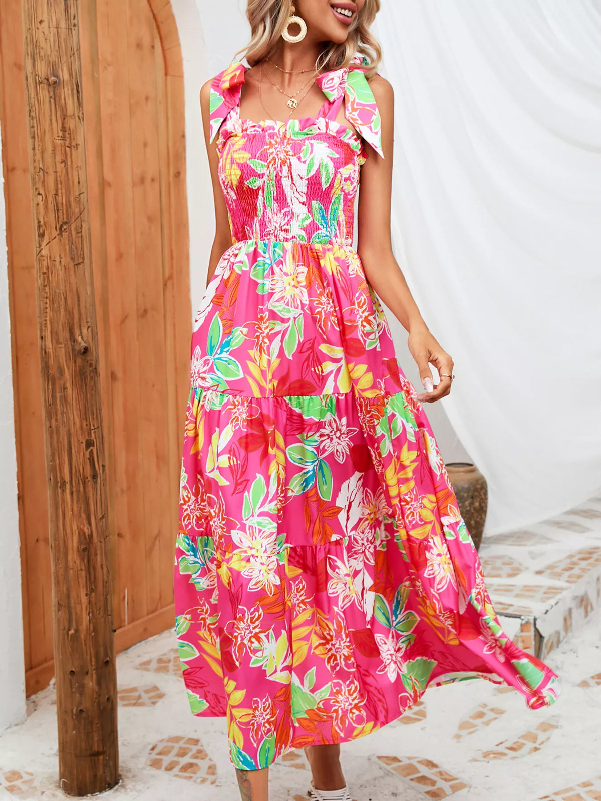 Tropical Print Smocked Tie-Strap Dress in Green