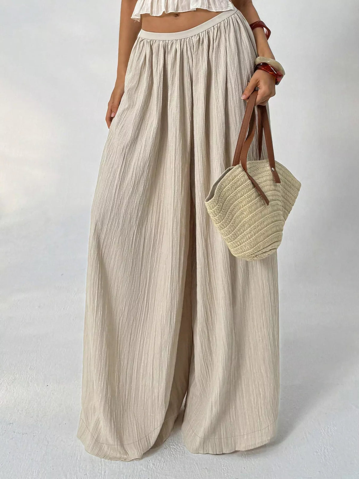 Wide-Leg Textured Pants in Khaki