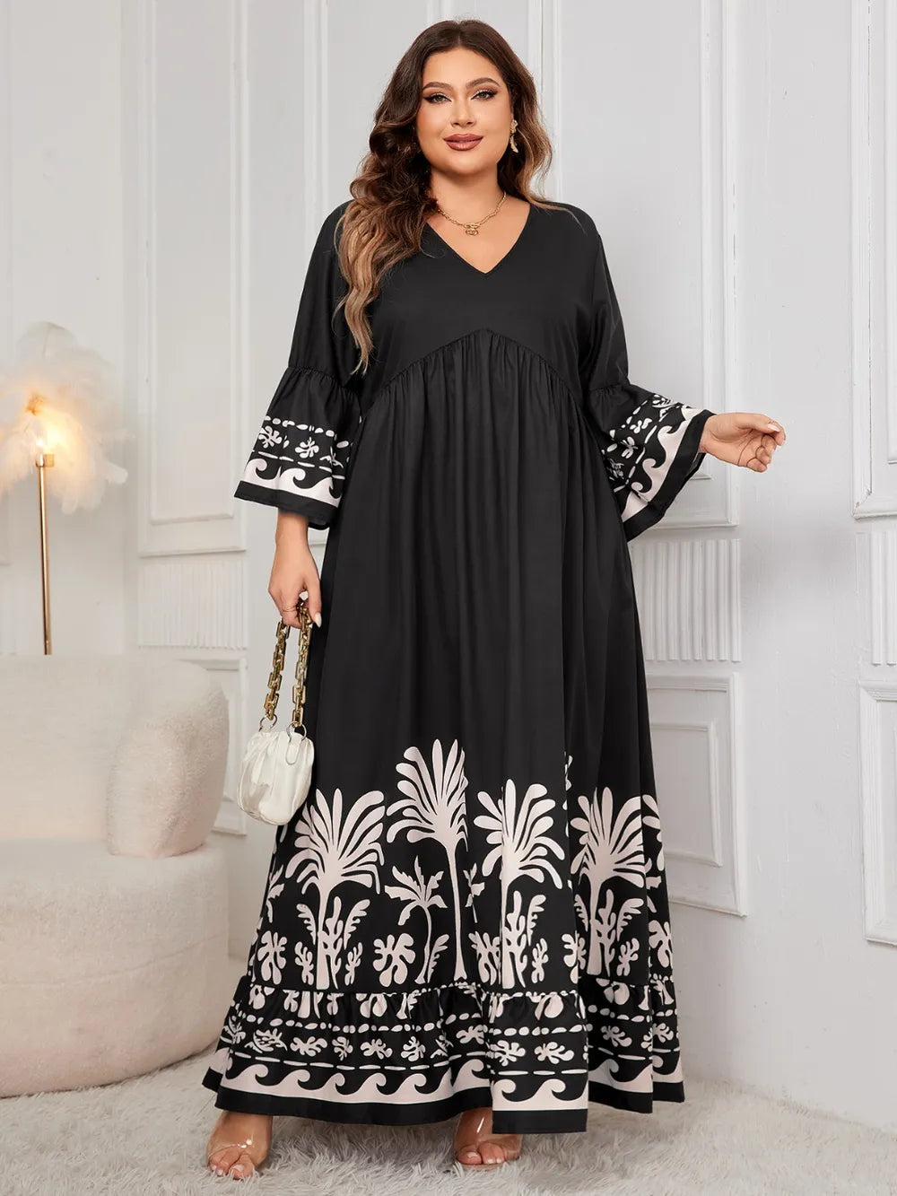Printed V-Neck Long-Sleeve Maxi Dress in Black, Plus Size