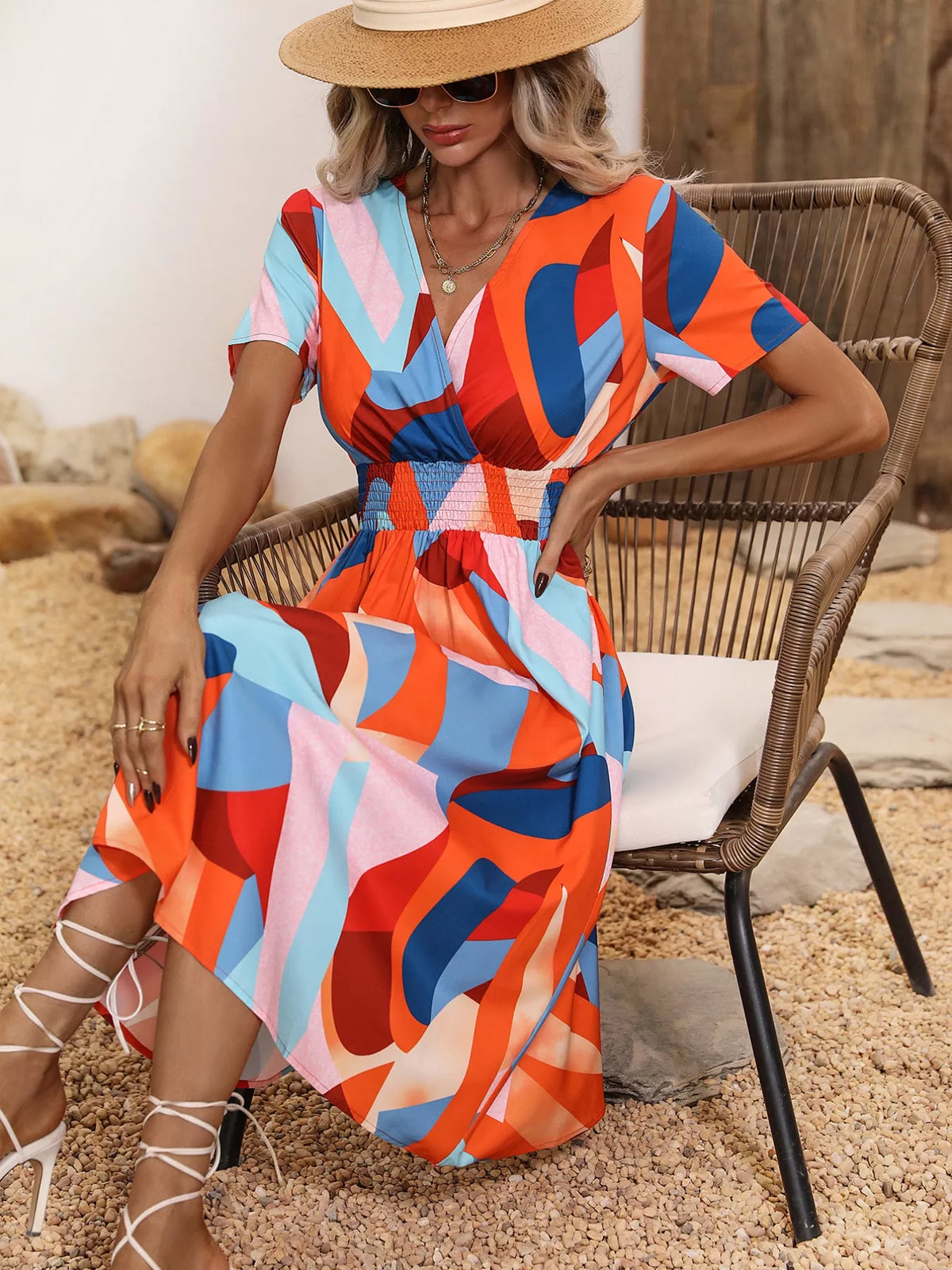 Smocked Printed Short-Sleeve Midi Dress