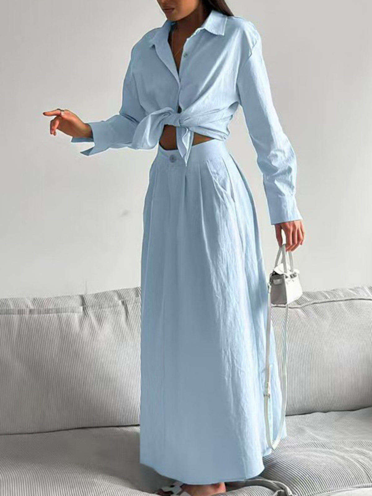 Tie-Front Shirt and Maxi Skirt Set in Light Blue