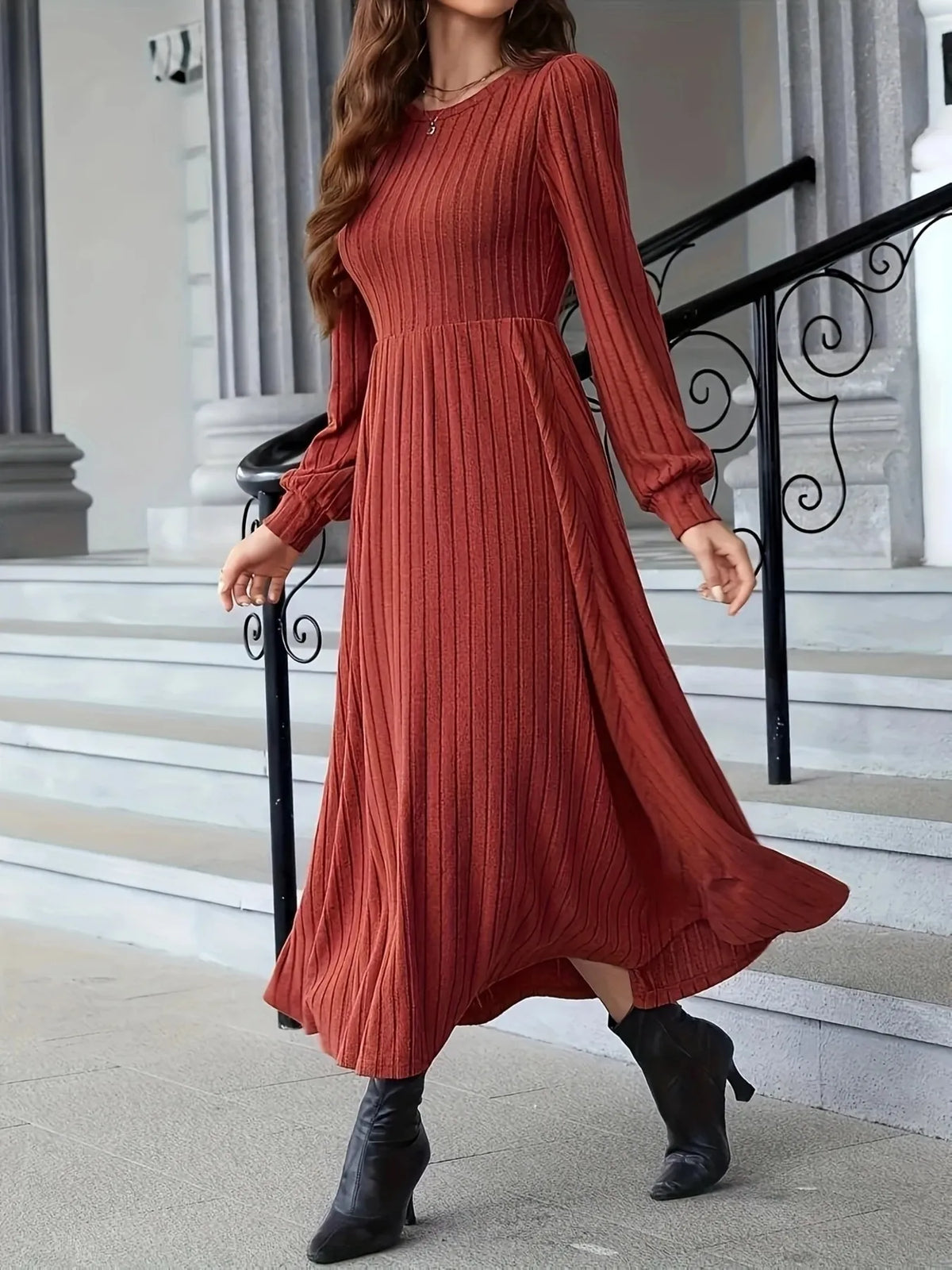 Ribbed Sweater Dress in Rust