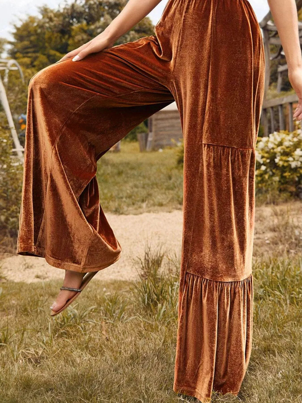 Ruched Velvet Wide-Leg Pants