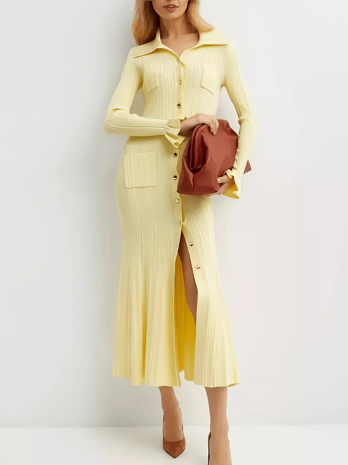 Button-Down Flounce Sleeve Sweater Dress in Pastel Yellow