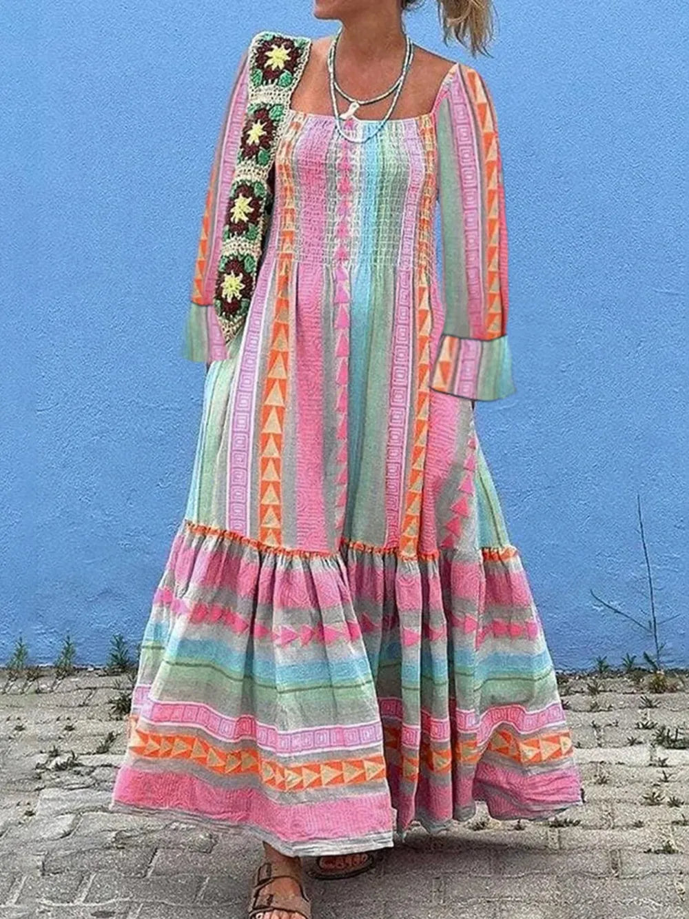 Ruffled Striped Long Sleeve Dress in Blush Pink
