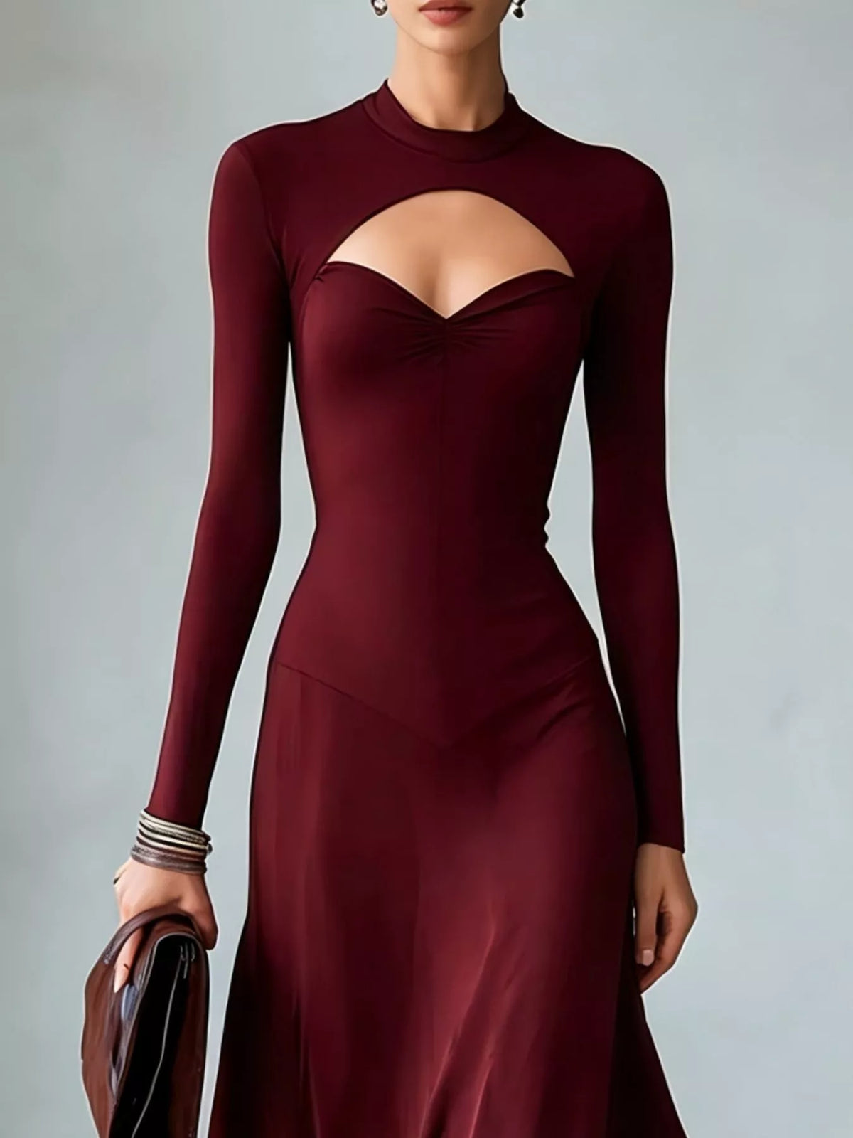 Mock Neck Cut-Out Long Sleeve Midi Dress