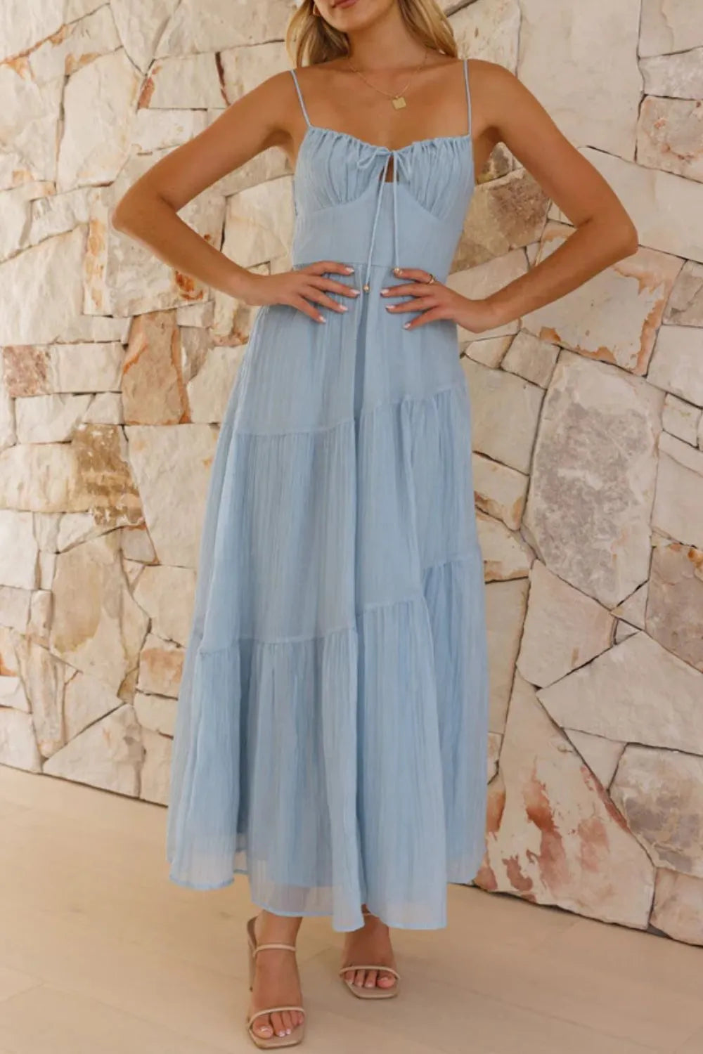 Smocked Back Cami Midi Dress in Light Blue